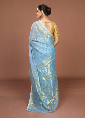 Blue Jamdani Cotton Saree Without Blouse Piece