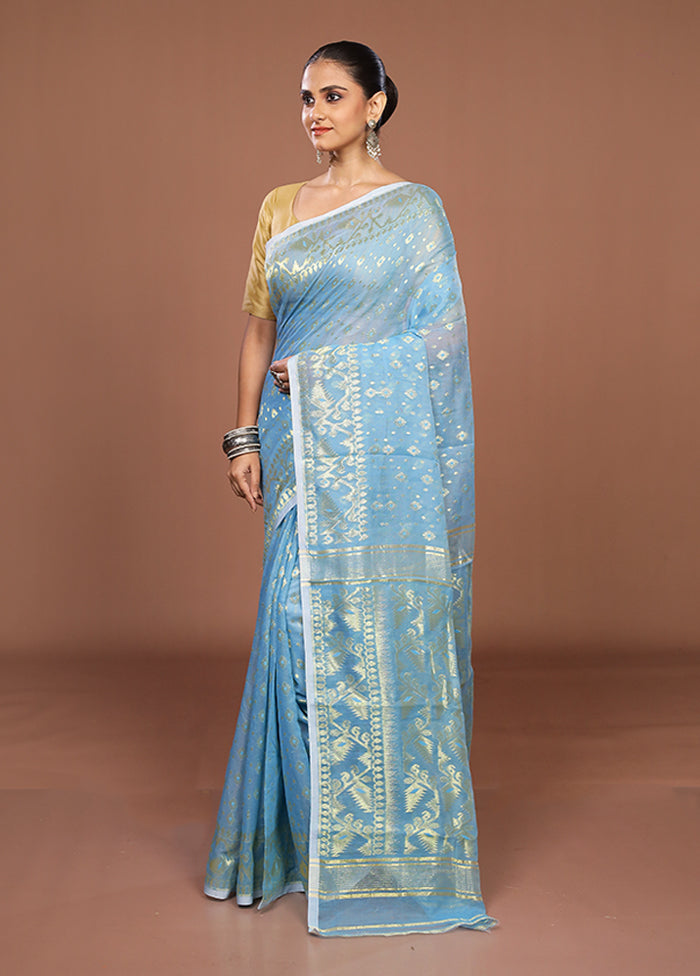 Blue Jamdani Cotton Saree Without Blouse Piece