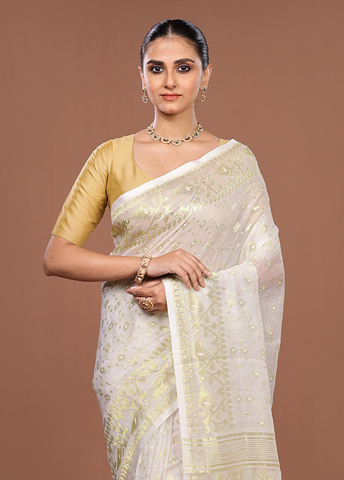 White Jamdani Cotton Saree Without Blouse Piece