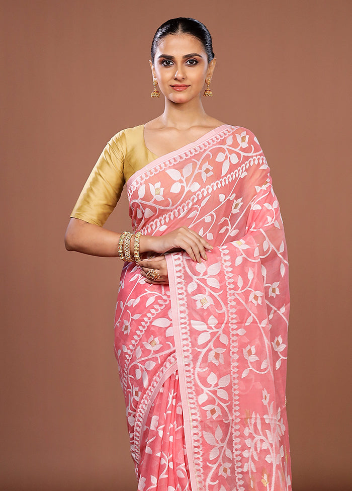 Pink Jamdani Cotton Saree Without Blouse Piece