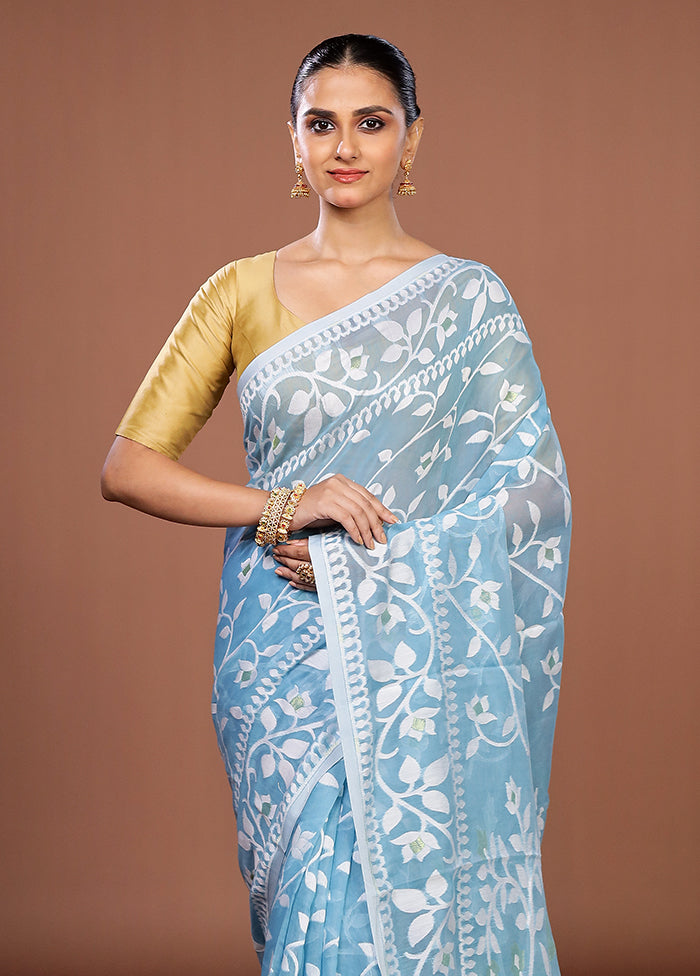 Blue Jamdani Cotton Saree Without Blouse Piece