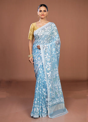 Blue Jamdani Cotton Saree Without Blouse Piece