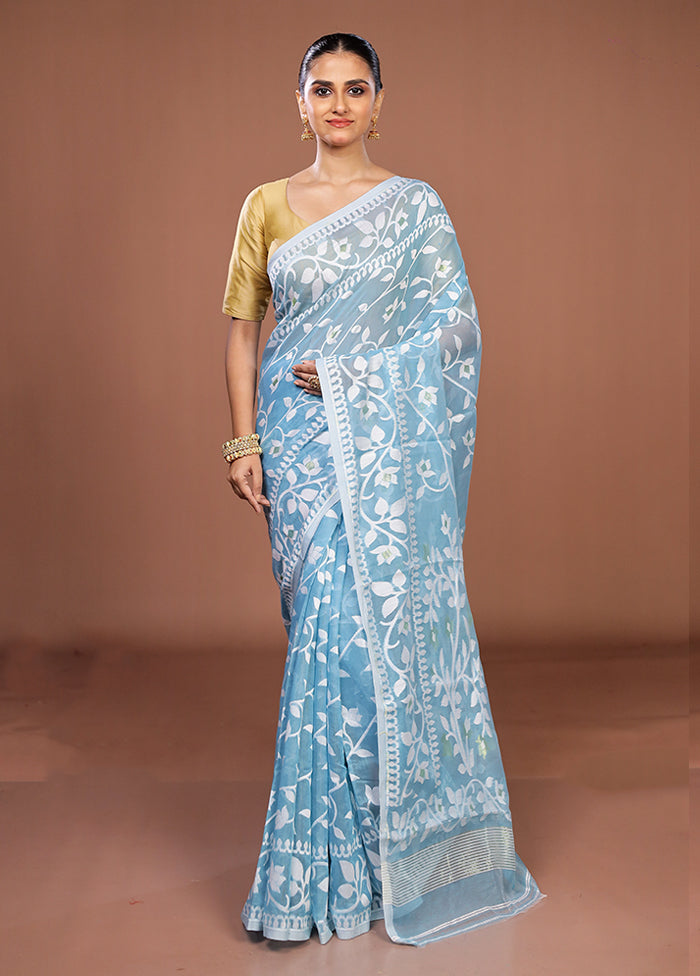 Blue Jamdani Cotton Saree Without Blouse Piece