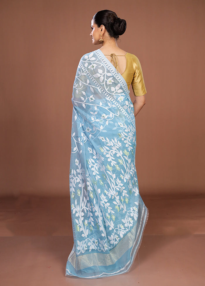 Blue Jamdani Cotton Saree Without Blouse Piece