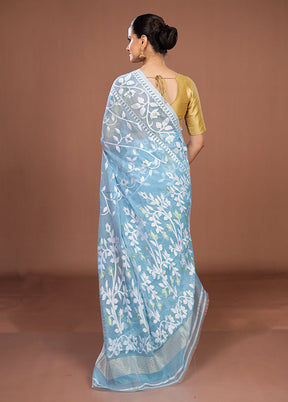Blue Jamdani Cotton Saree Without Blouse Piece