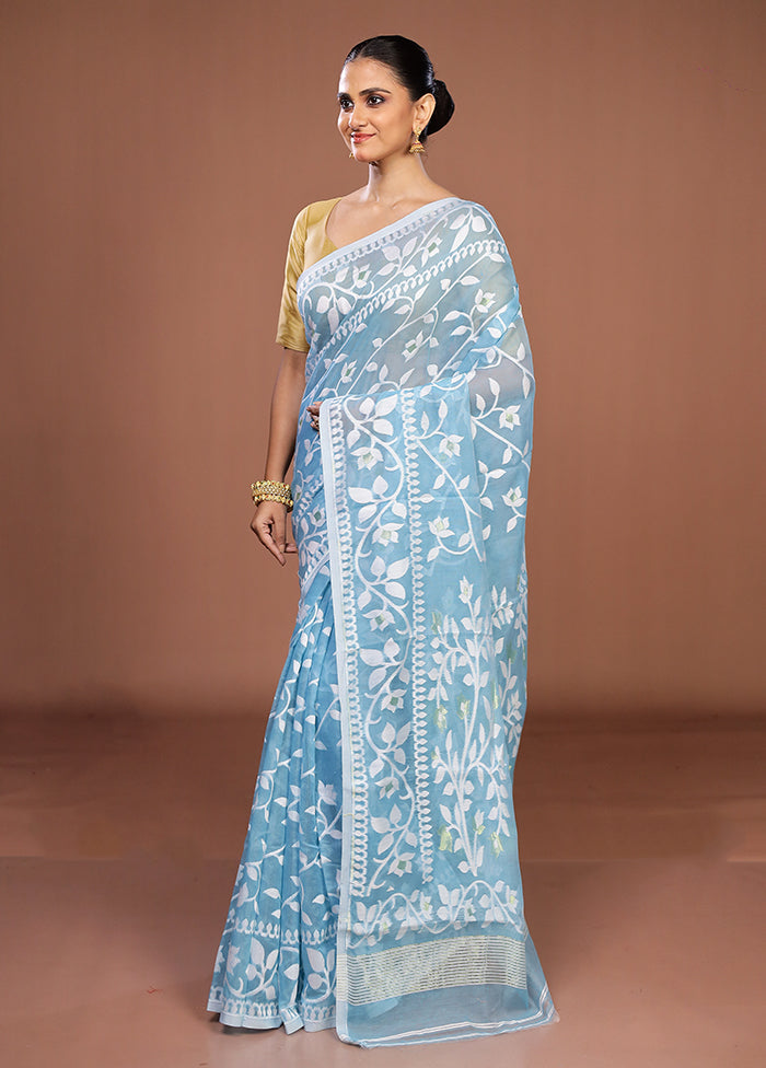 Blue Jamdani Cotton Saree Without Blouse Piece