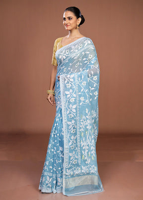 Blue Jamdani Cotton Saree Without Blouse Piece