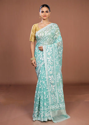 Blue Jamdani Cotton Saree Without Blouse Piece