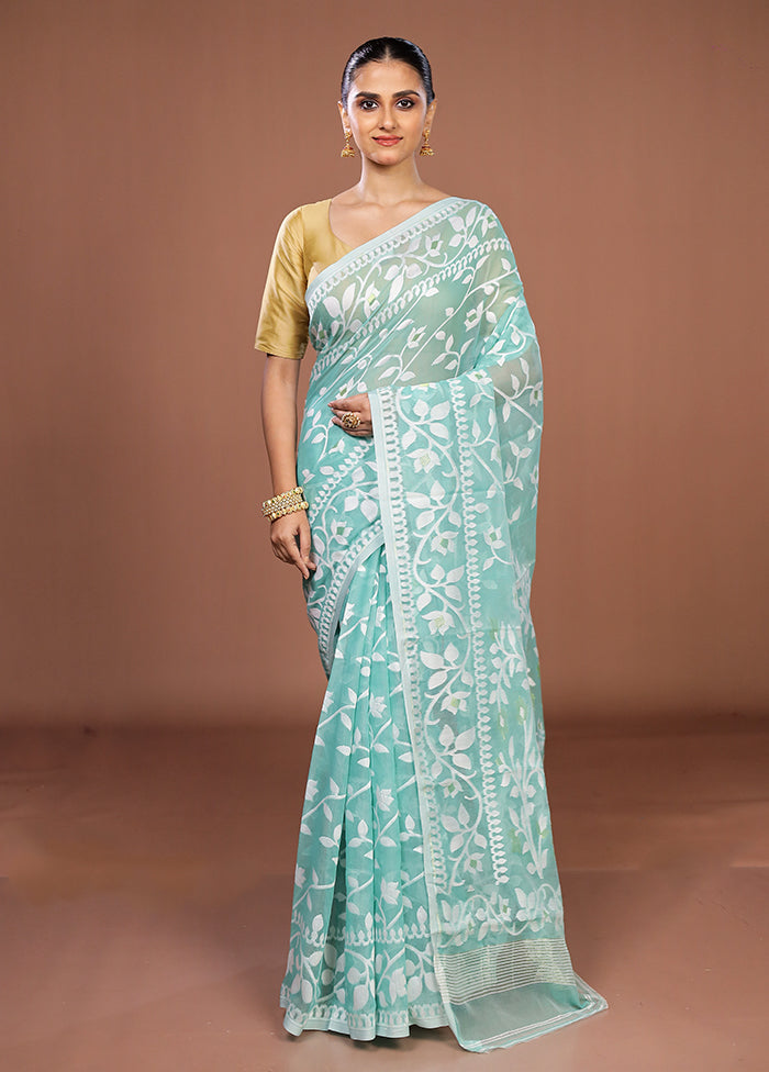 Blue Jamdani Cotton Saree Without Blouse Piece
