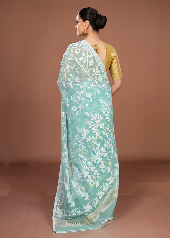 Blue Jamdani Cotton Saree Without Blouse Piece