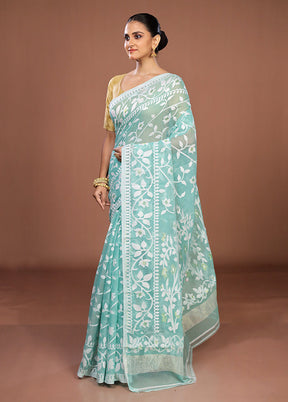 Blue Jamdani Cotton Saree Without Blouse Piece
