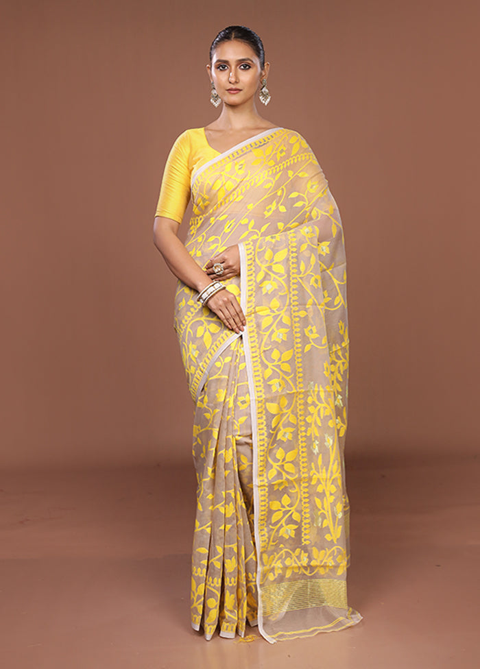 Grey Jamdani Cotton Saree Without Blouse Piece
