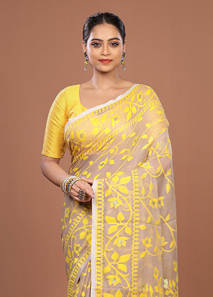 Cream Jamdani Cotton Saree Without Blouse Piece