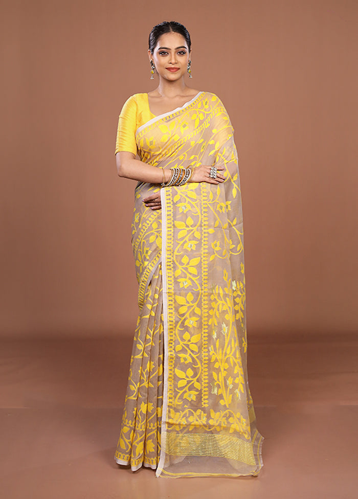 Cream Jamdani Cotton Saree Without Blouse Piece