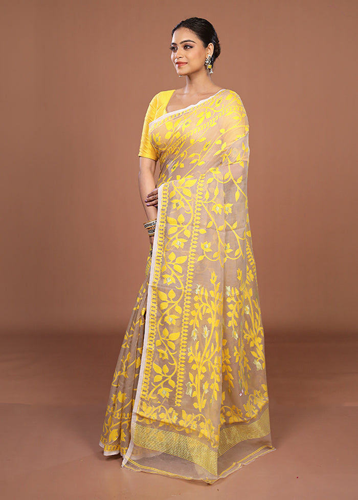 Cream Jamdani Cotton Saree Without Blouse Piece