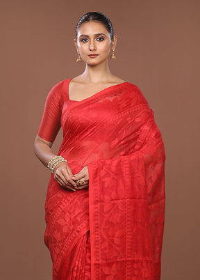 Red Jamdani Cotton Saree Without Blouse Piece