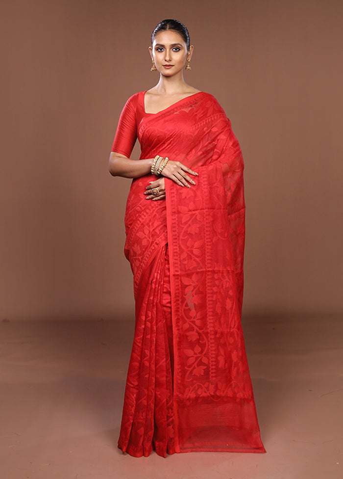 Red Jamdani Cotton Saree Without Blouse Piece