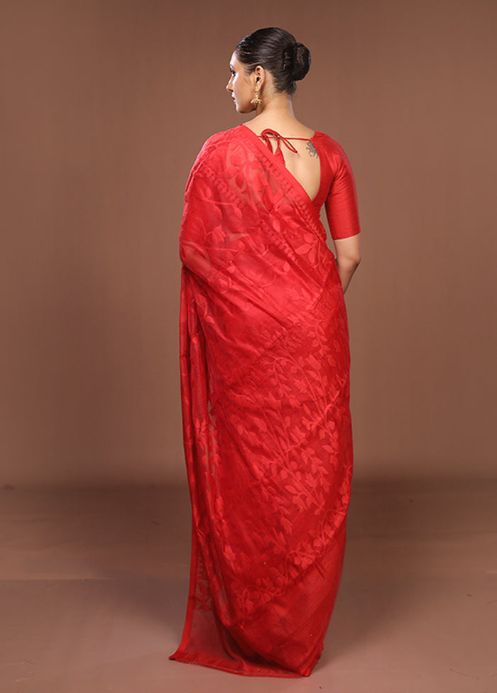 Red Jamdani Cotton Saree Without Blouse Piece