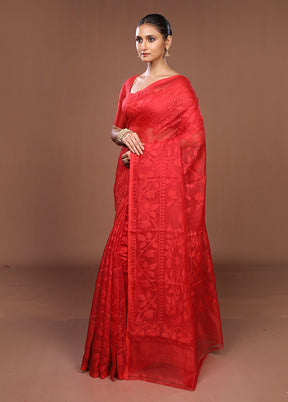 Red Jamdani Cotton Saree Without Blouse Piece
