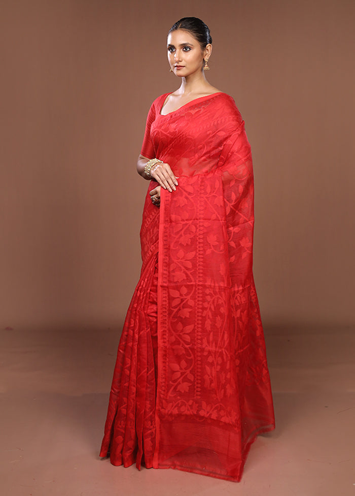 Red Jamdani Cotton Saree Without Blouse Piece
