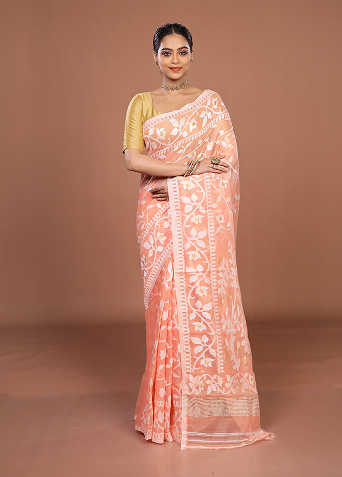 Orange Jamdani Cotton Saree Without Blouse Piece