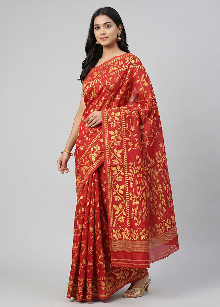 Red Jamdani Cotton Saree Without Blouse Piece
