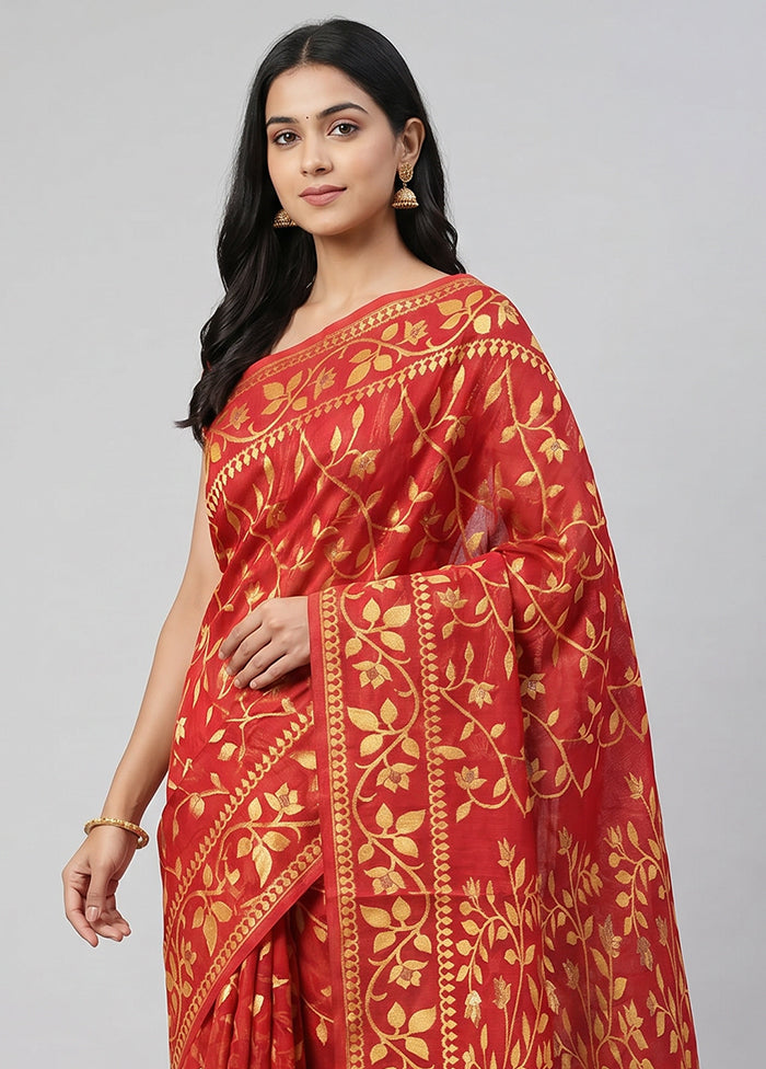 Red Jamdani Cotton Saree Without Blouse Piece