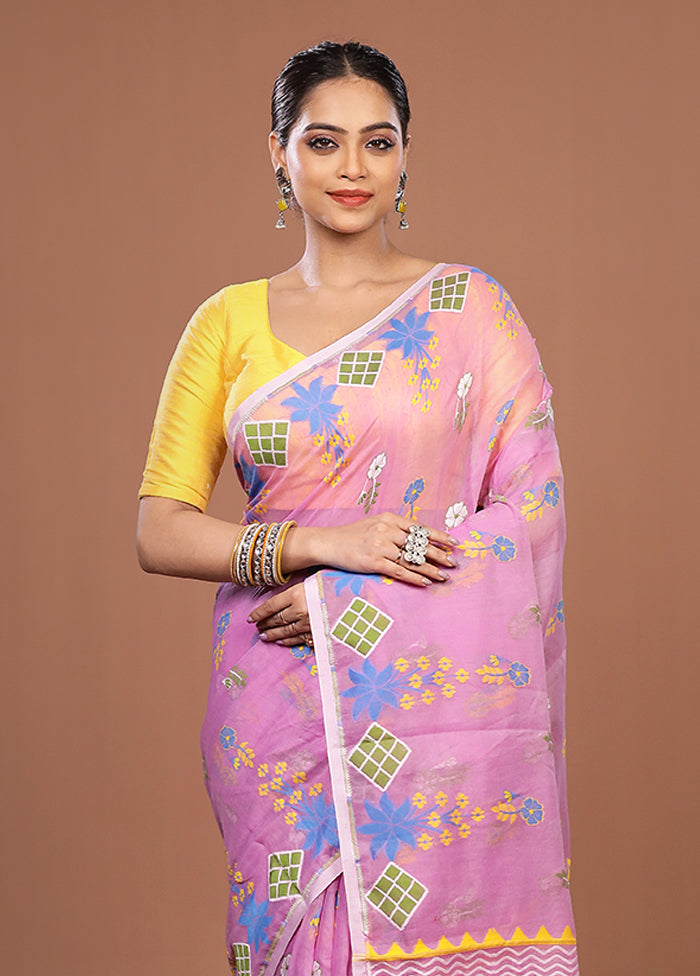 Pink Jamdani Cotton Saree Without Blouse Piece