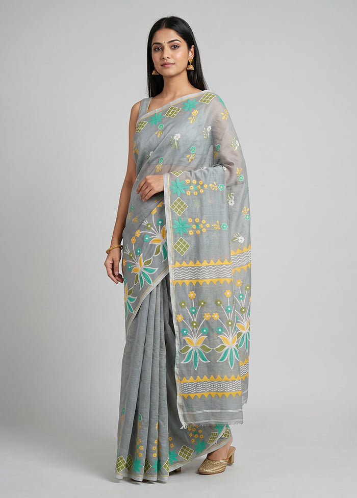 Grey Jamdani Cotton Saree Without Blouse Piece