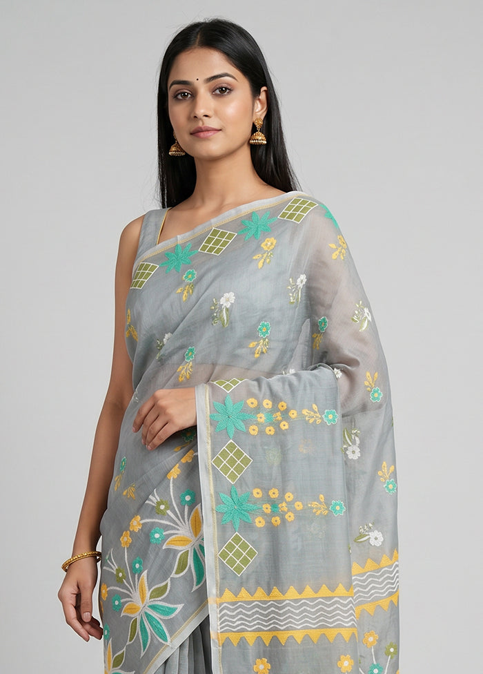 Grey Jamdani Cotton Saree Without Blouse Piece