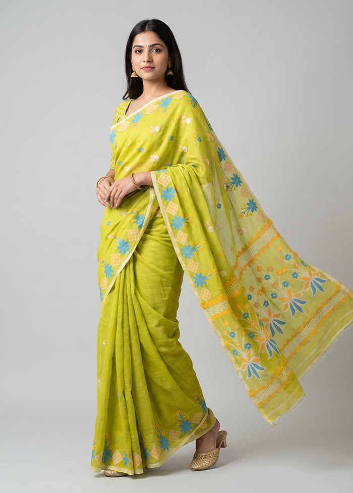 Green Jamdani Cotton Saree Without Blouse Piece