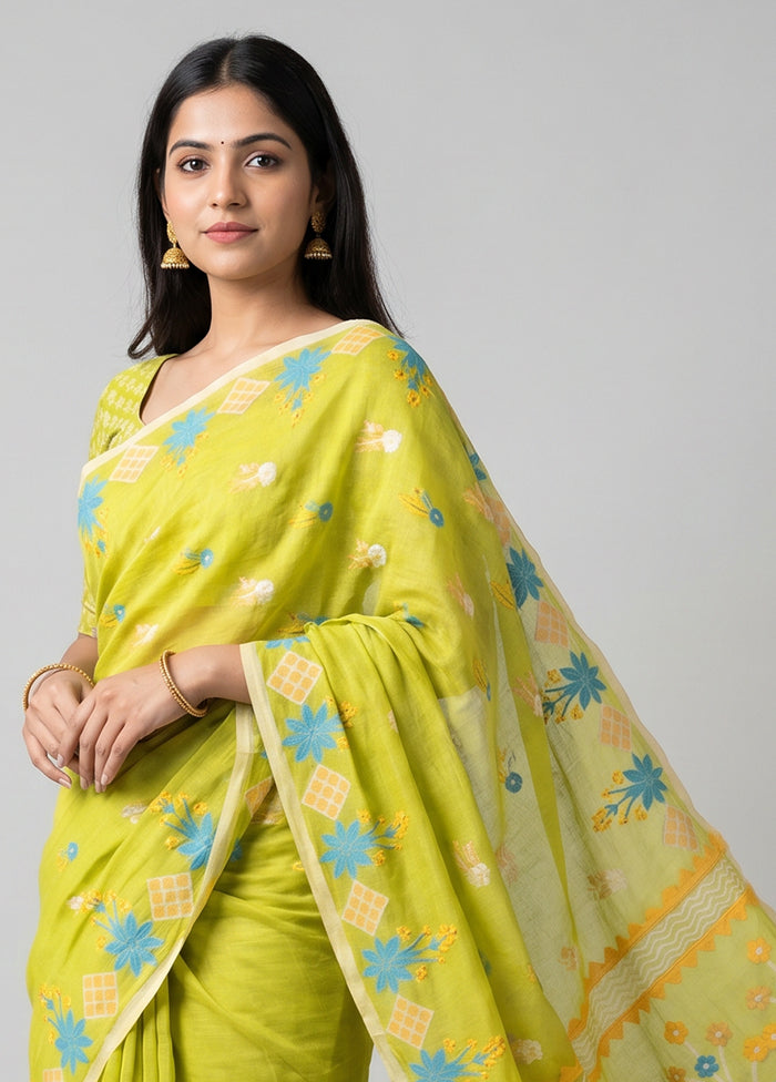 Green Jamdani Cotton Saree Without Blouse Piece