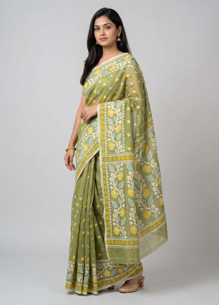 Green Jamdani Cotton Saree Without Blouse Piece