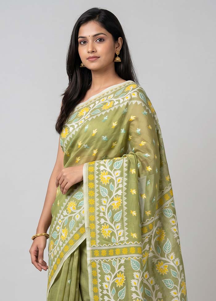 Green Jamdani Cotton Saree Without Blouse Piece