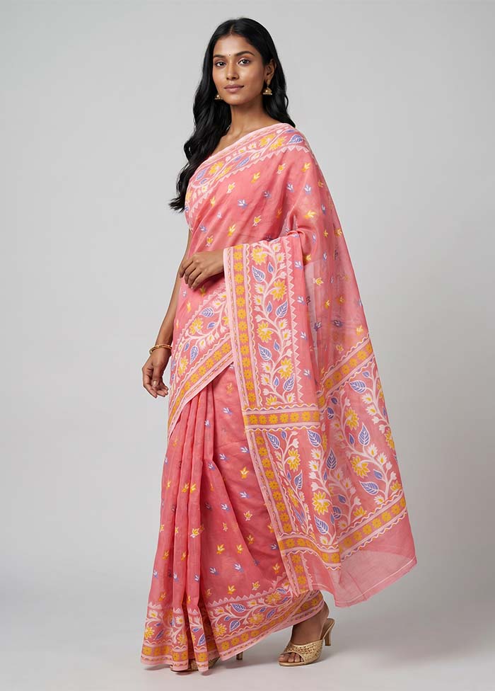 Pink Jamdani Cotton Saree Without Blouse Piece