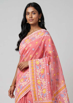 Pink Jamdani Cotton Saree Without Blouse Piece