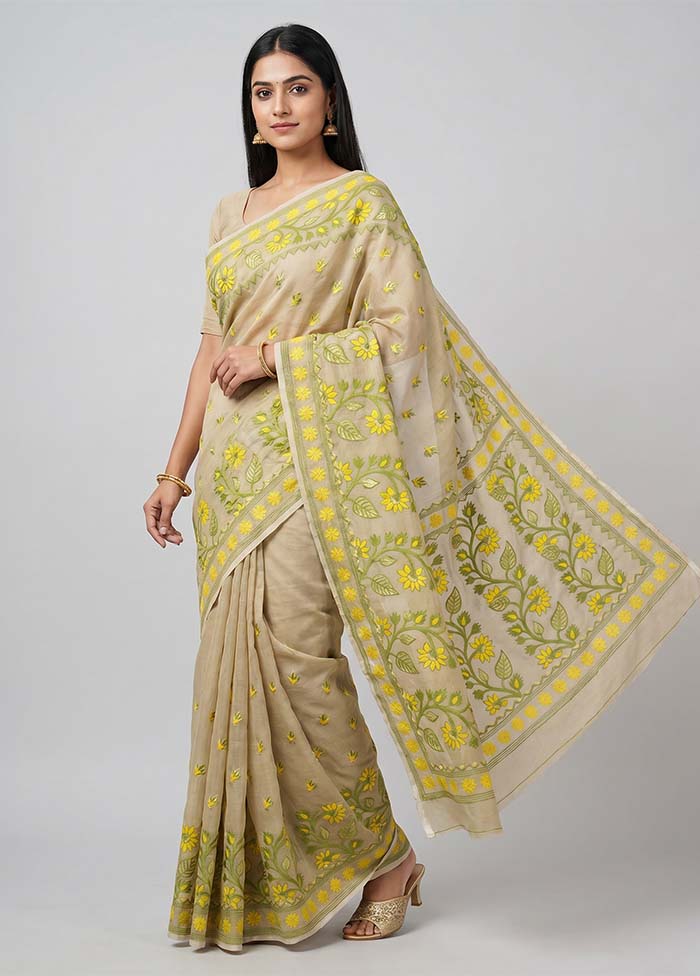 Cream Jamdani Cotton Saree Without Blouse Piece
