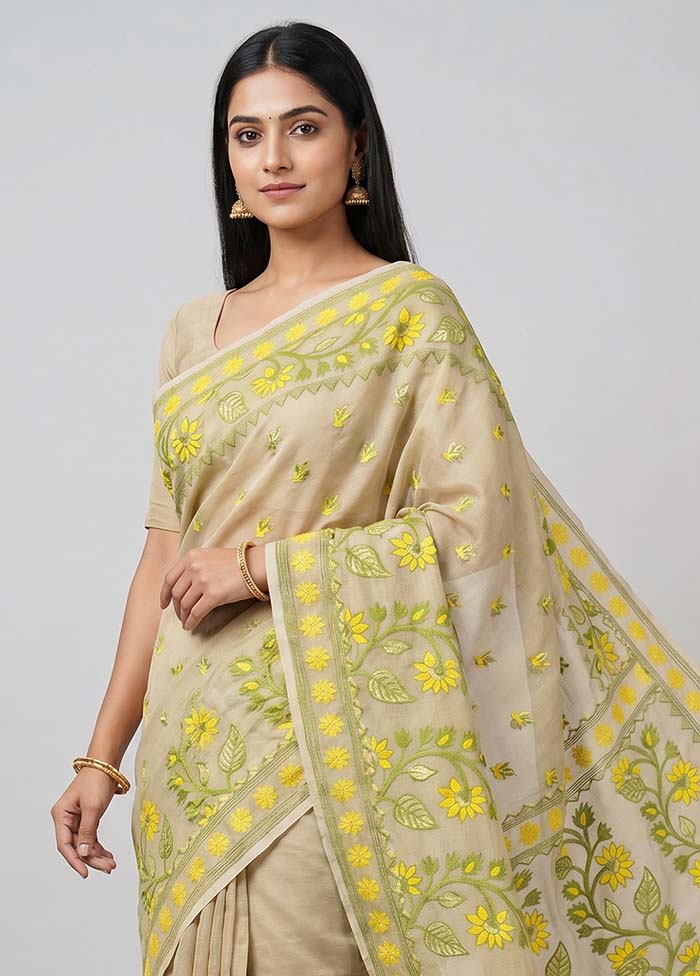 Cream Jamdani Cotton Saree Without Blouse Piece