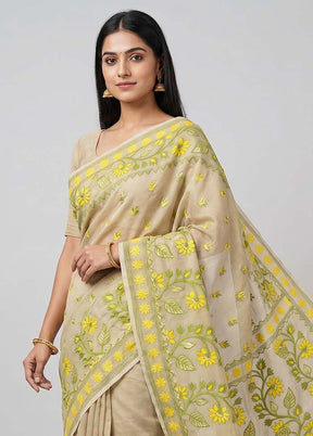 Cream Jamdani Cotton Saree Without Blouse Piece
