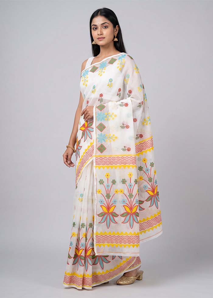 White Jamdani Cotton Saree Without Blouse Piece