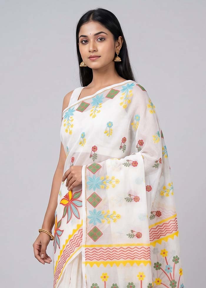 White Jamdani Cotton Saree Without Blouse Piece