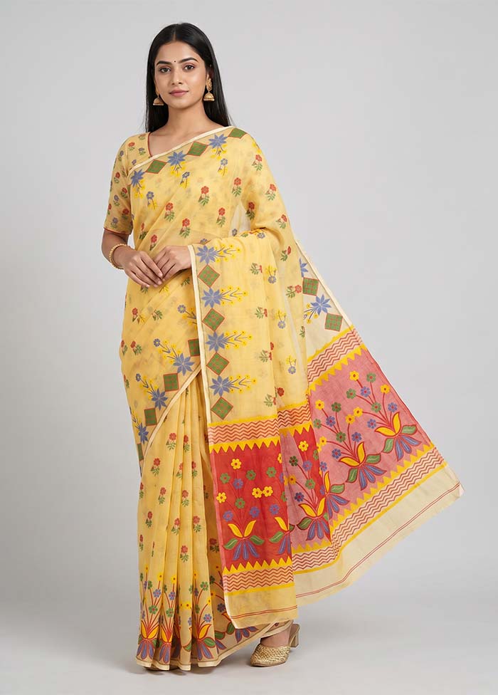 Peach Jamdani Cotton Saree Without Blouse Piece