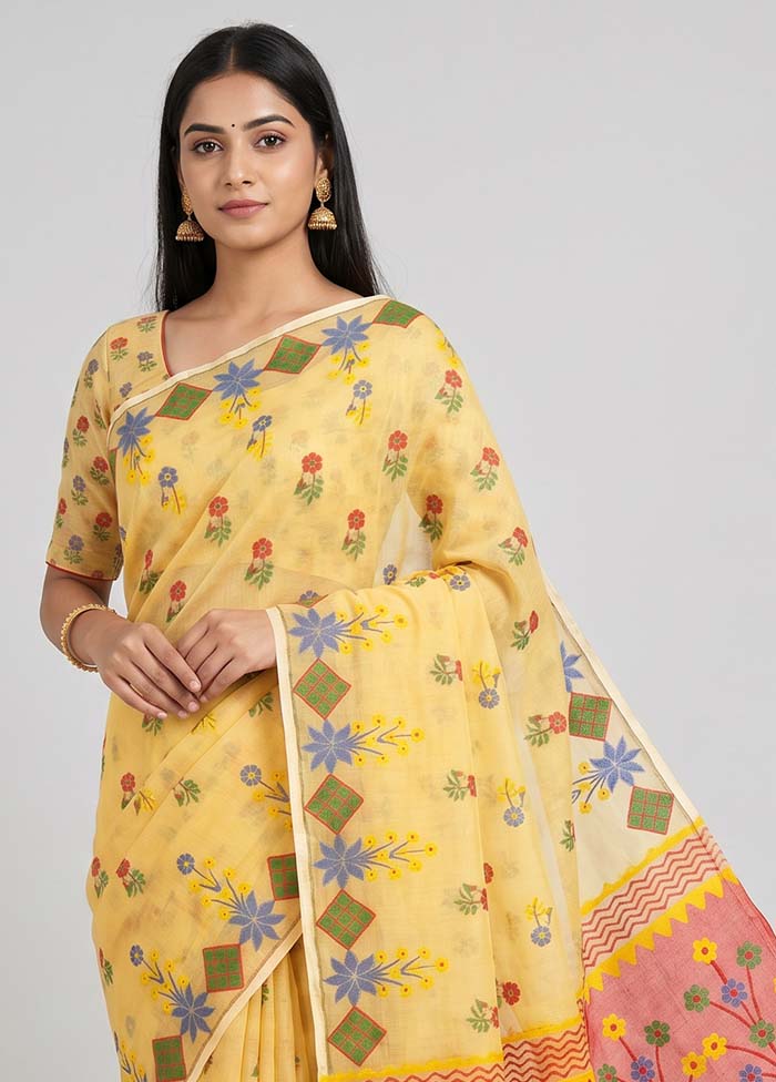 Peach Jamdani Cotton Saree Without Blouse Piece