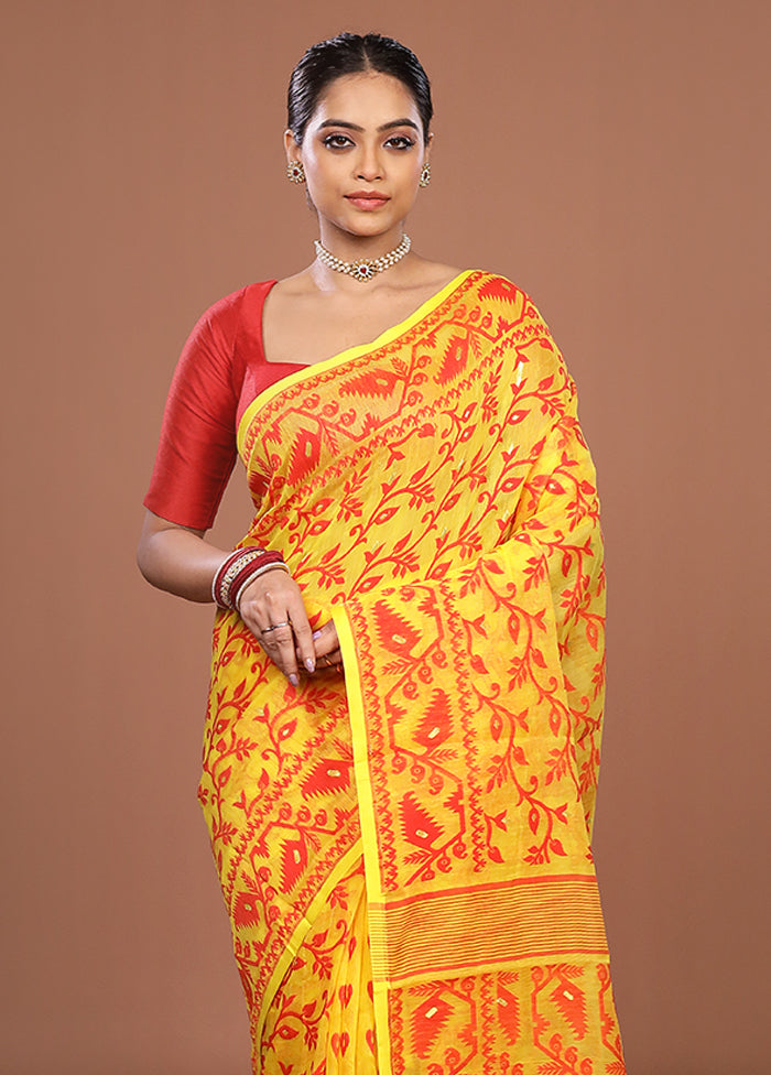 Yellow Jamdani Cotton Saree Without Blouse Piece
