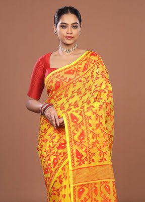 Yellow Jamdani Cotton Saree Without Blouse Piece