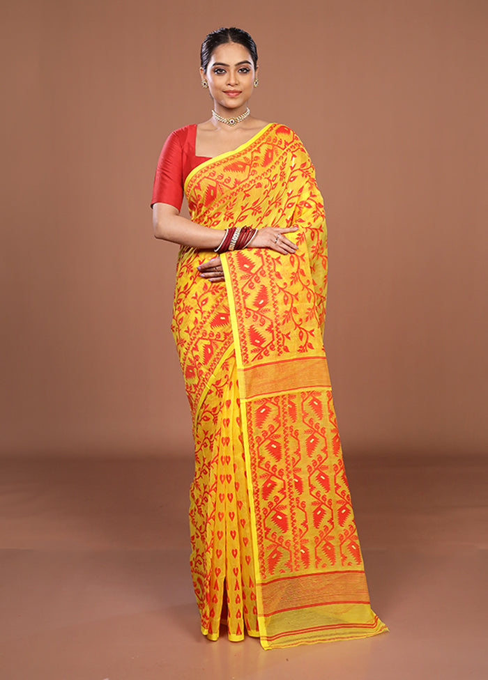 Yellow Jamdani Cotton Saree Without Blouse Piece