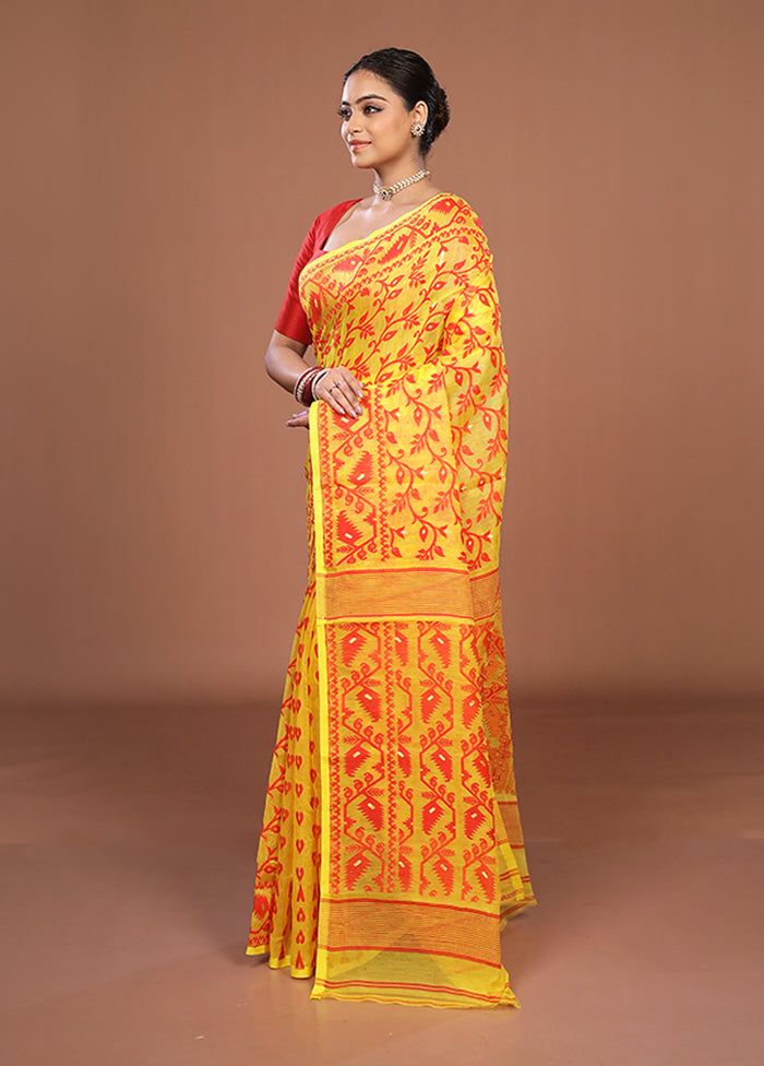 Yellow Jamdani Cotton Saree Without Blouse Piece