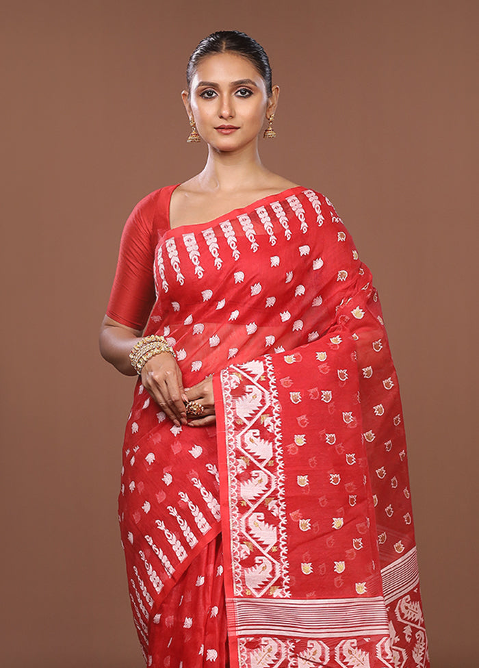 Red Jamdani Cotton Saree Without Blouse Piece