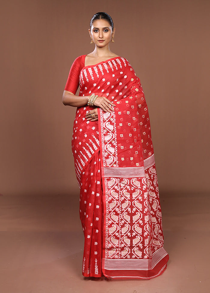 Red Jamdani Cotton Saree Without Blouse Piece