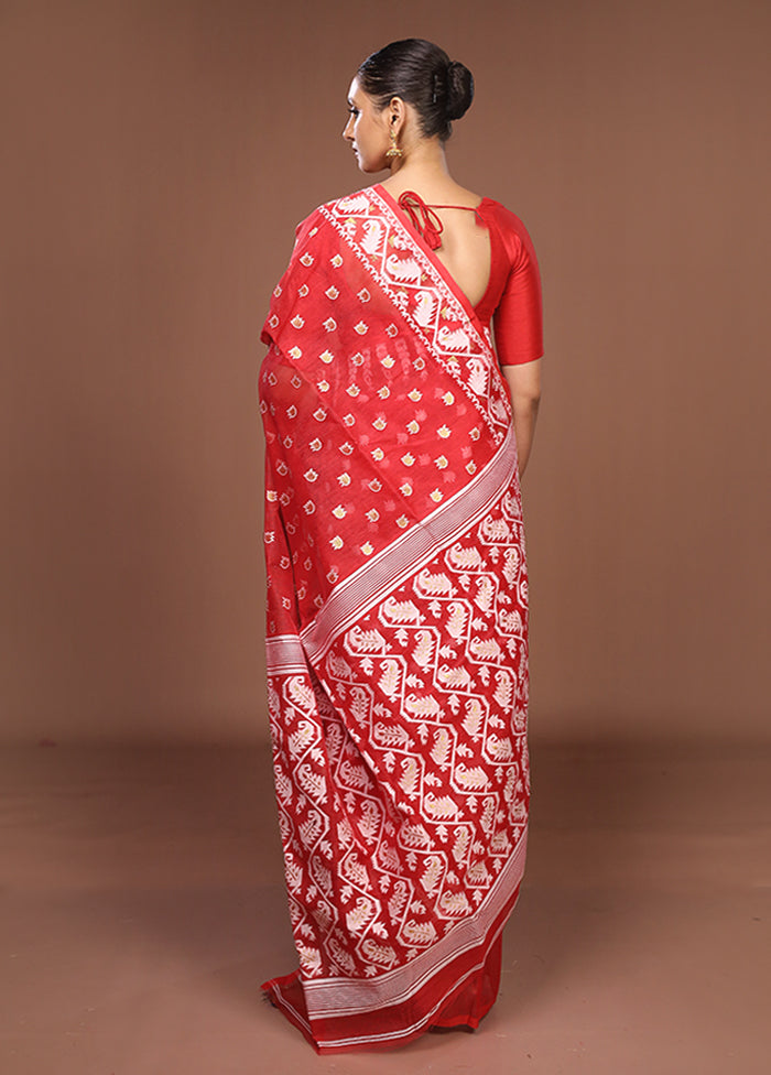 Red Jamdani Cotton Saree Without Blouse Piece